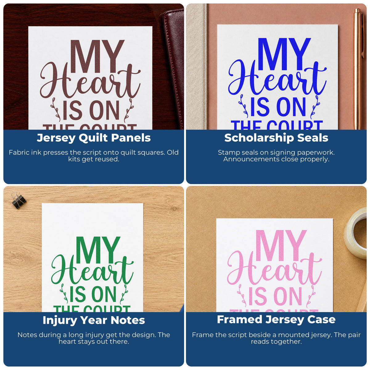 Four ways to use the My Heart On The Court Wood Handle Stamp: jersey quilt panels, scholarship seals, injury year notes and framed jersey case.