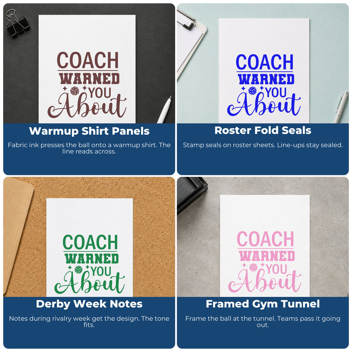 Four ways to use the Volleyball Coach Warned You About Rubber Stamp – Wood Handle: warmup shirt panels, roster fold seals, derby week notes and framed gym tunnel.