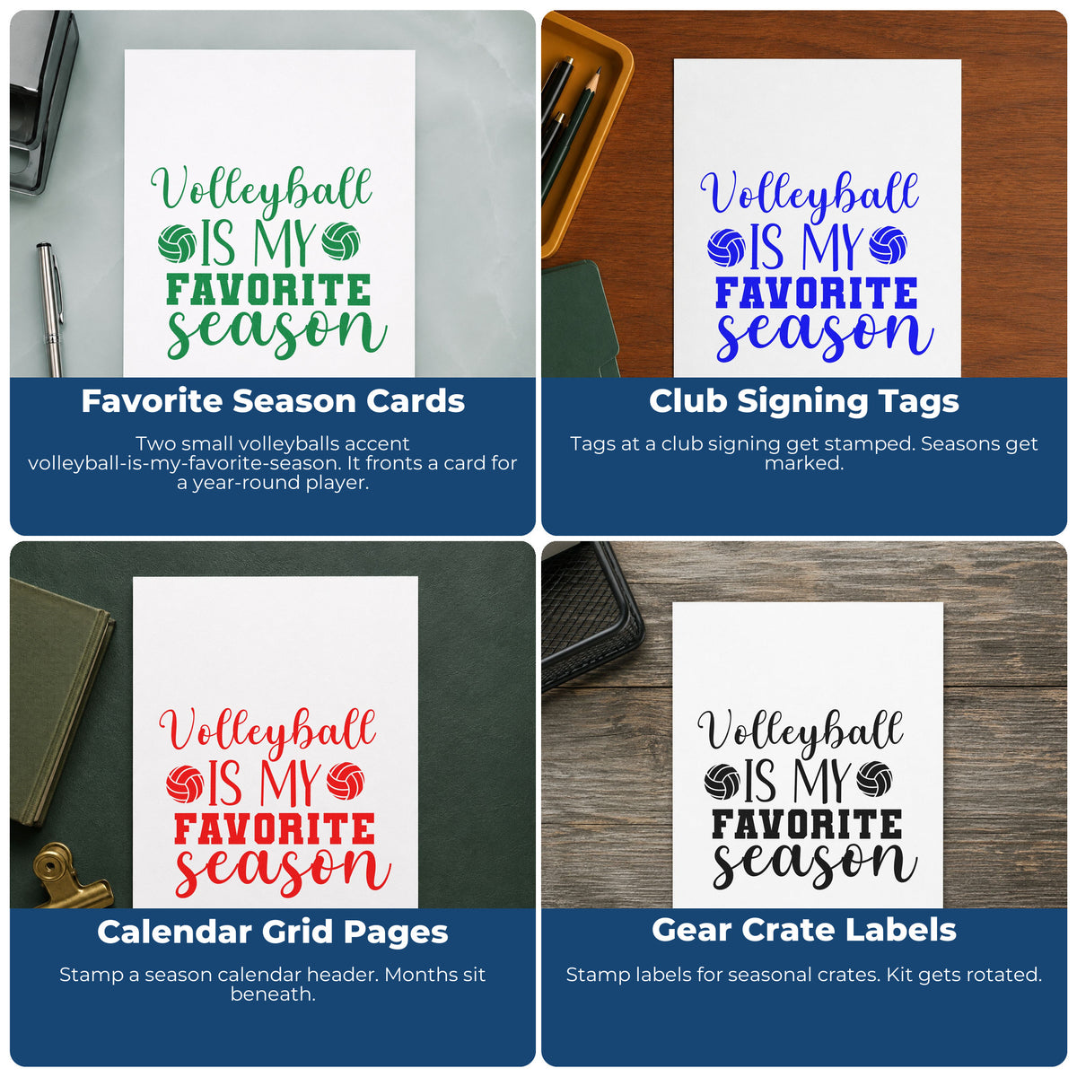 Four ways to use the Volleyball Favorite Season Rubber Stamp – Duo Hand: favorite season cards, club signing tags, calendar grid pages and gear crate labels.