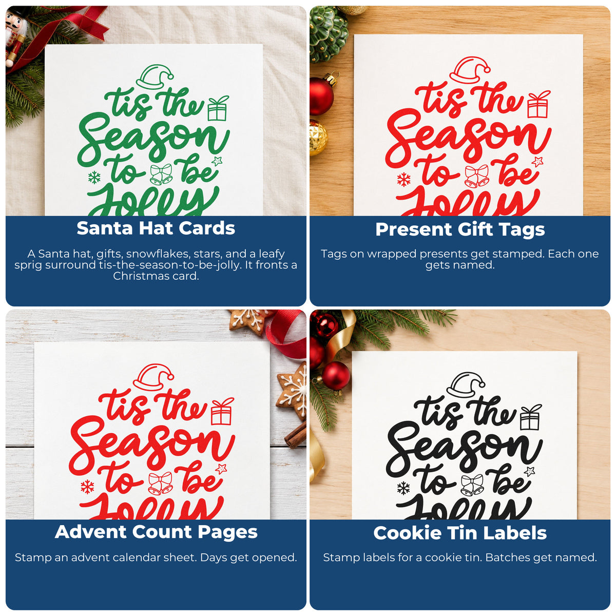 Four ways to use the Tis The Season To Be Jolly Duo Hand Stamp: santa hat cards, present gift tags, advent count pages and cookie tin labels.