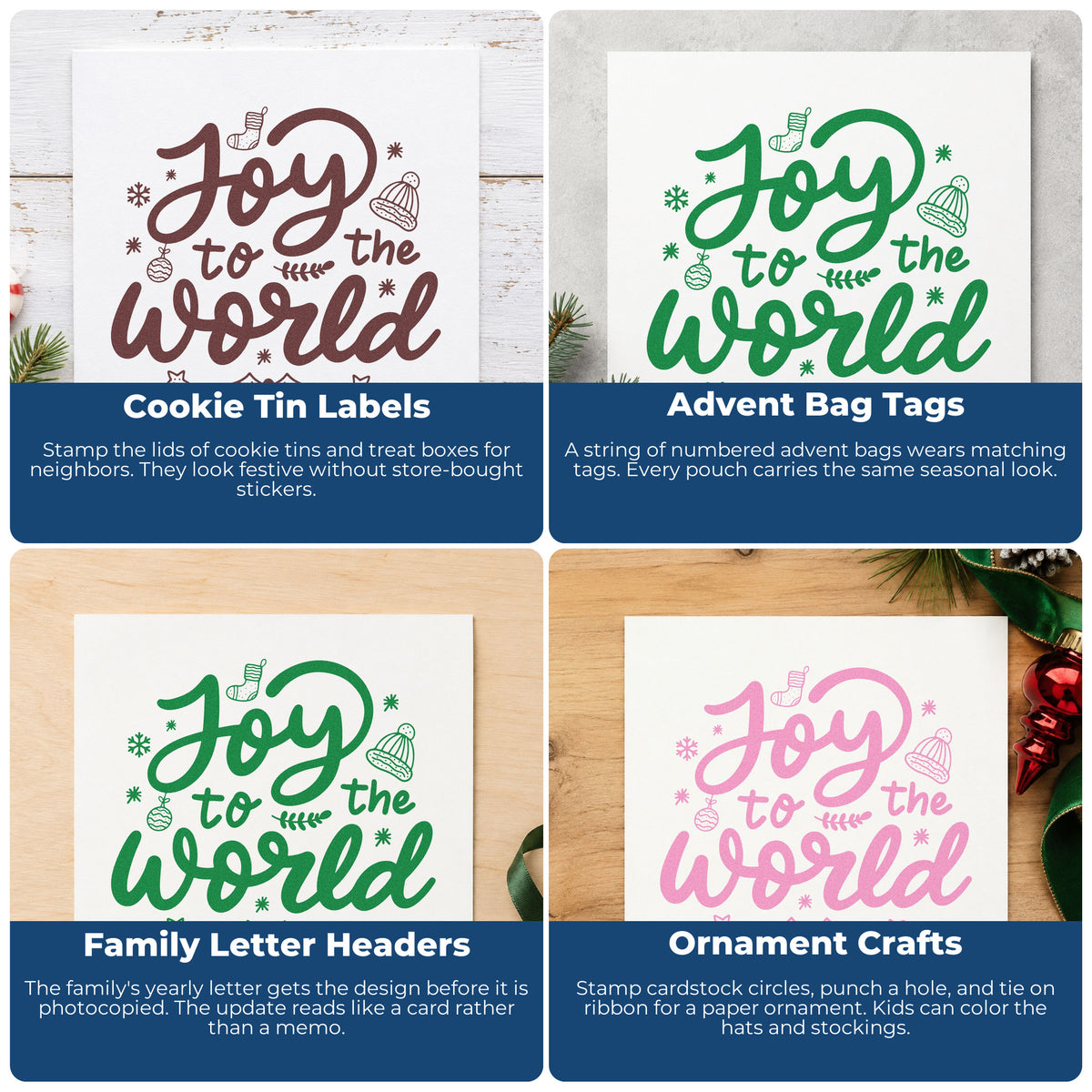 Four ways to use the Joy To The World Leaf Accents Pre-Inked Stamp – PSI: cookie tin labels, advent bag tags, family letter headers and ornament crafts.