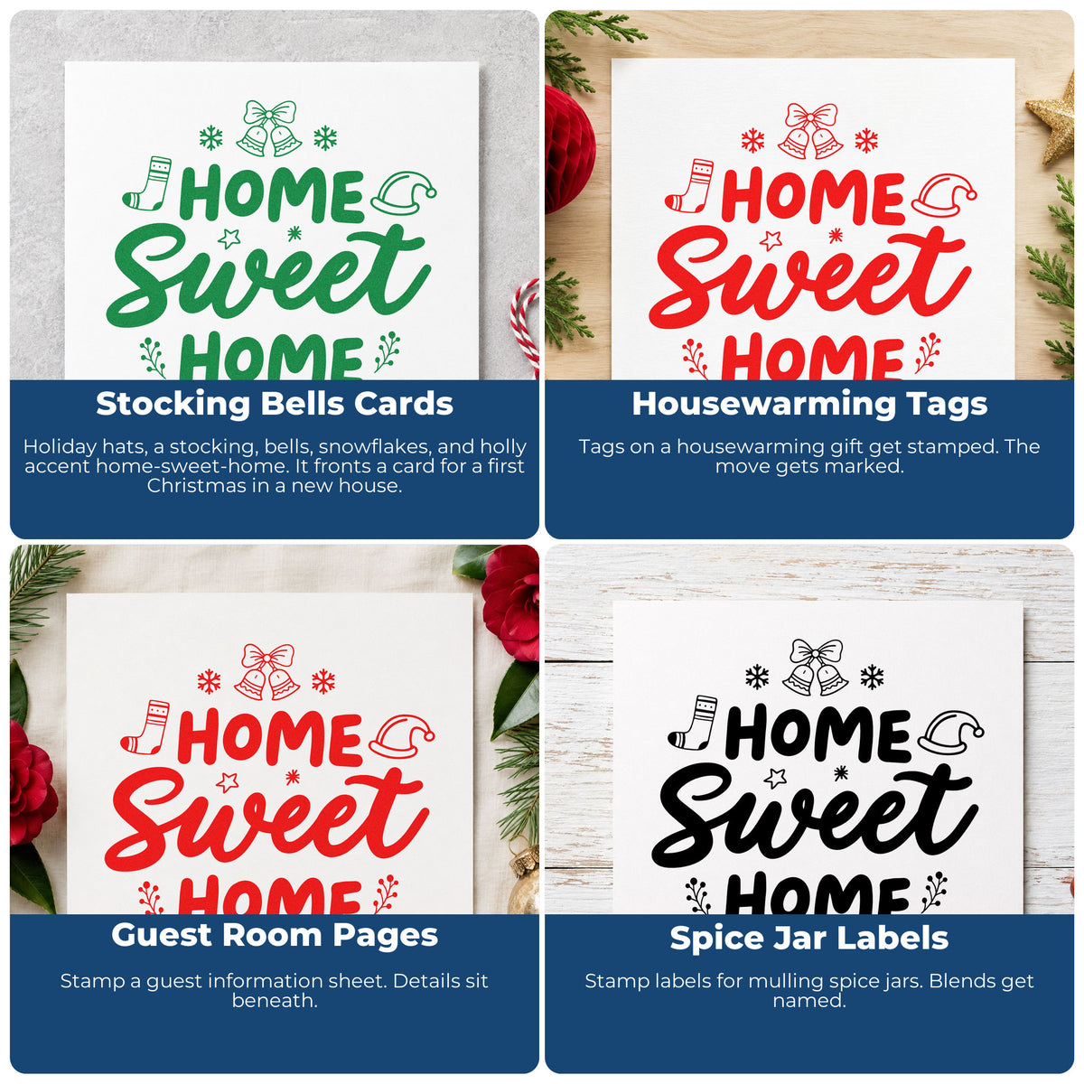Four ways to use the Home Sweet Home Christmas Wood-Mounted Rubber Stamp: stocking bells cards, housewarming tags, guest room pages and spice jar labels.