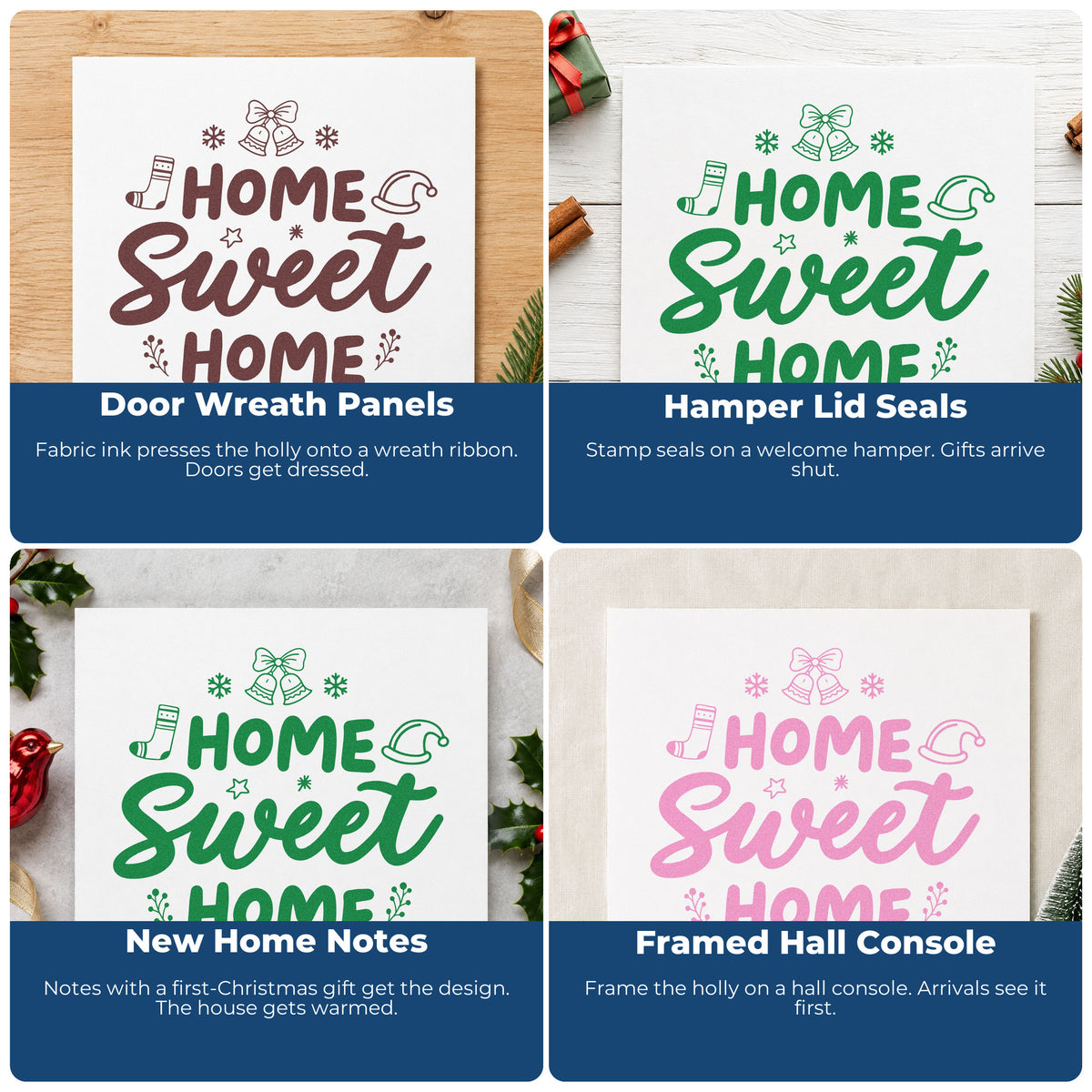 Four ways to use the Home Sweet Home Christmas Pre-Inked Stamp – Slim: door wreath panels, hamper lid seals, new home notes and framed hall console.