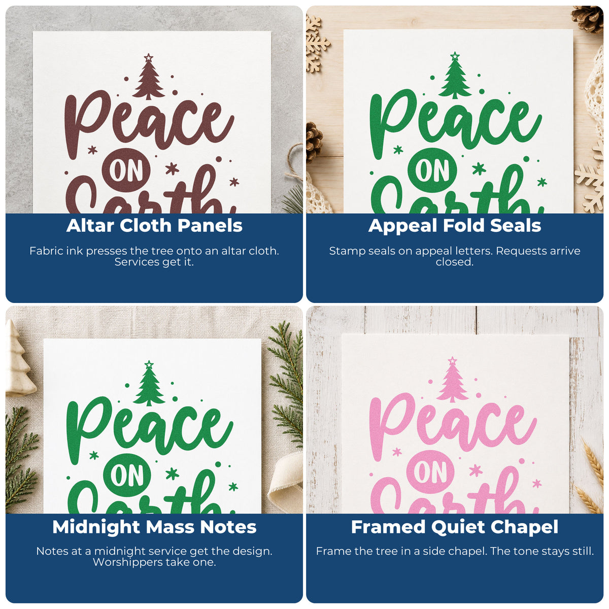 Four ways to use the Peace On Earth Tree With Stars Wood Handle Stamp: altar cloth panels, appeal fold seals, midnight mass notes and framed quiet chapel.