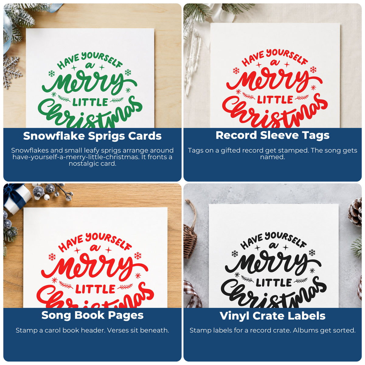 Four ways to use the Have Yourself A Merry Little Christmas PSI Pre-Inked Stamp: snowflake sprigs cards, record sleeve tags, song book pages and vinyl crate labels.