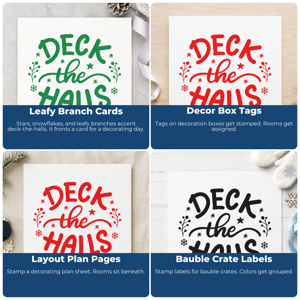 Four ways to use the Deck The Halls Sprigs Leafy Branches Self-Inking Stamp: leafy branch cards, decor box tags, layout plan pages and bauble crate labels.