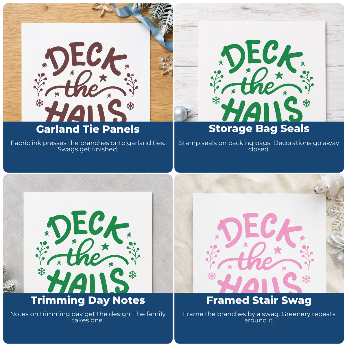 Four ways to use the Deck The Halls Sprigs Leafy Branches Self-Inking Stamp: garland tie panels, storage bag seals, trimming day notes and framed stair swag.