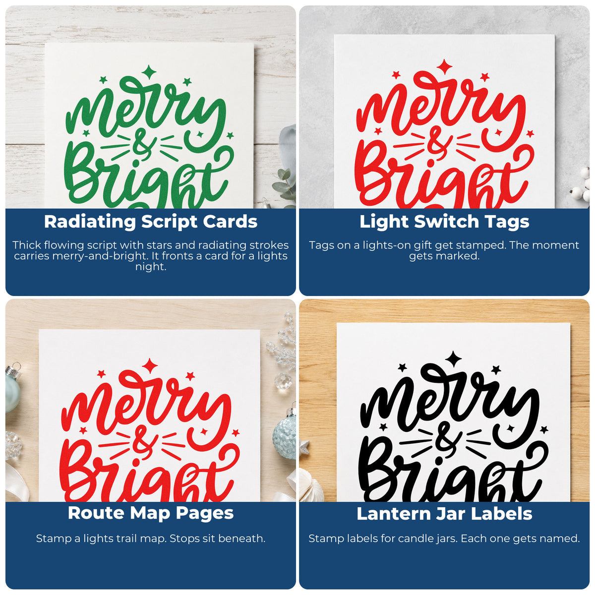 Four ways to use the Merry And Bright Stars Craft Stamp – Self-Inking: radiating script cards, light switch tags, route map pages and lantern jar labels.