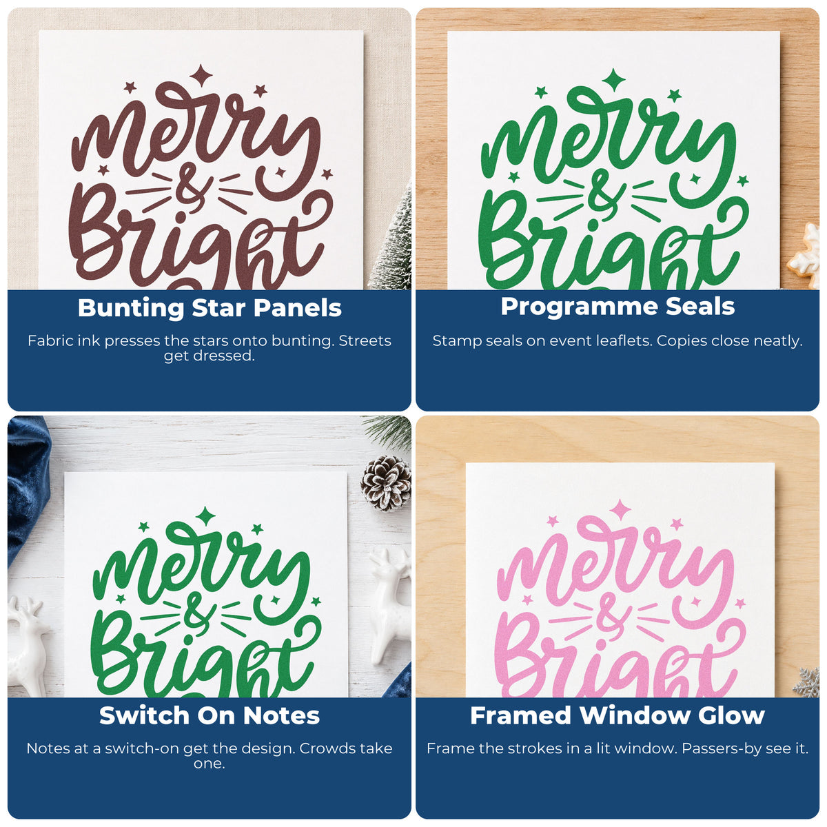 Four ways to use the Merry And Bright Stars Pre-Inked Stamp – Slim: bunting star panels, programme seals, switch on notes and framed window glow.