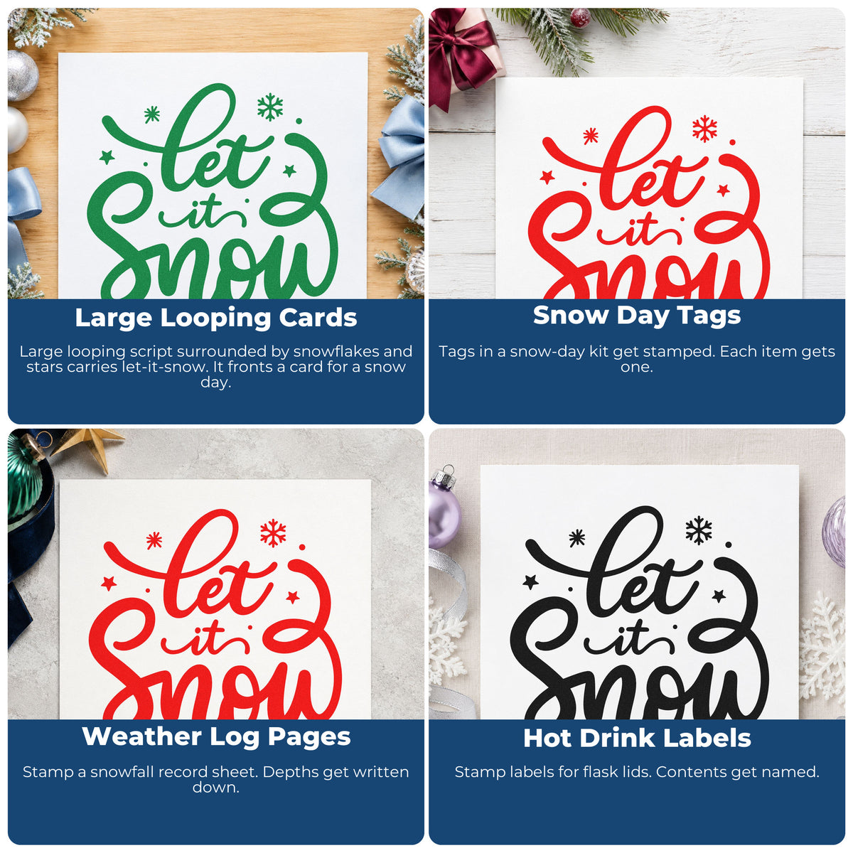 Four ways to use the Let It Snow Stamp – Wood Handle: large looping cards, snow day tags, weather log pages and hot drink labels.