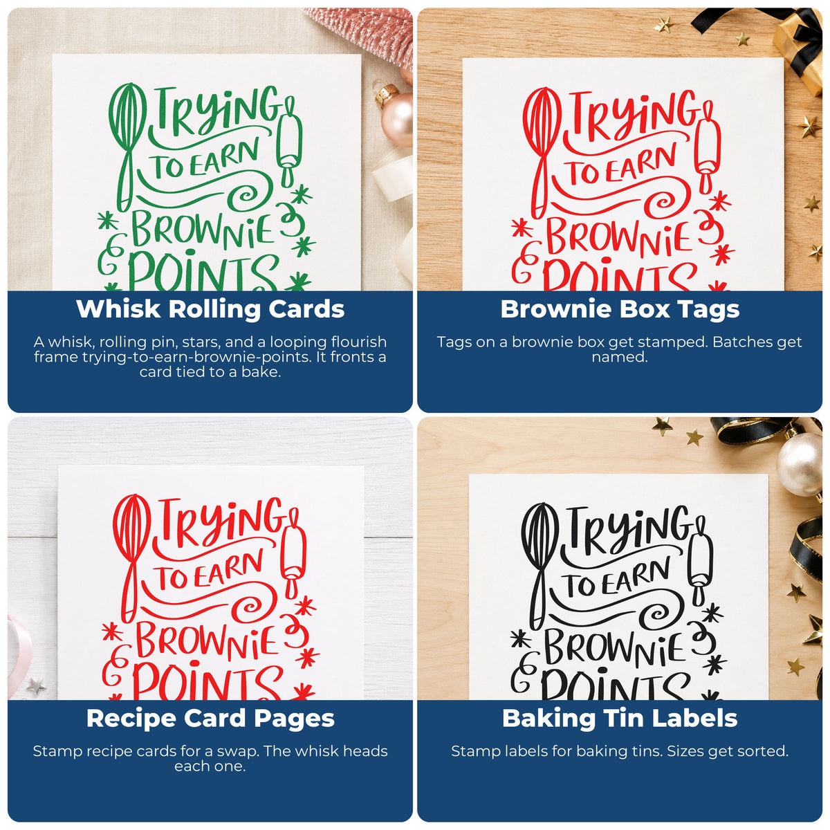 Four ways to use the PSI Pre-Inked Trying To Earn Brownie Points Stamp: whisk rolling cards, brownie box tags, recipe card pages and baking tin labels.