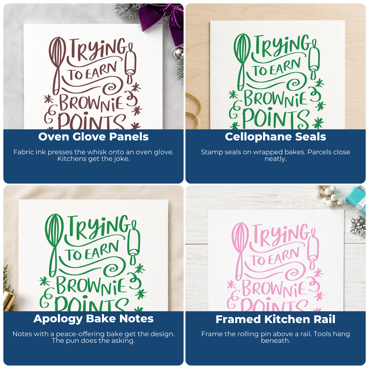 Four ways to use the Trying To Earn Brownie Points Stamp – Self-Inking: oven glove panels, cellophane seals, apology bake notes and framed kitchen rail.