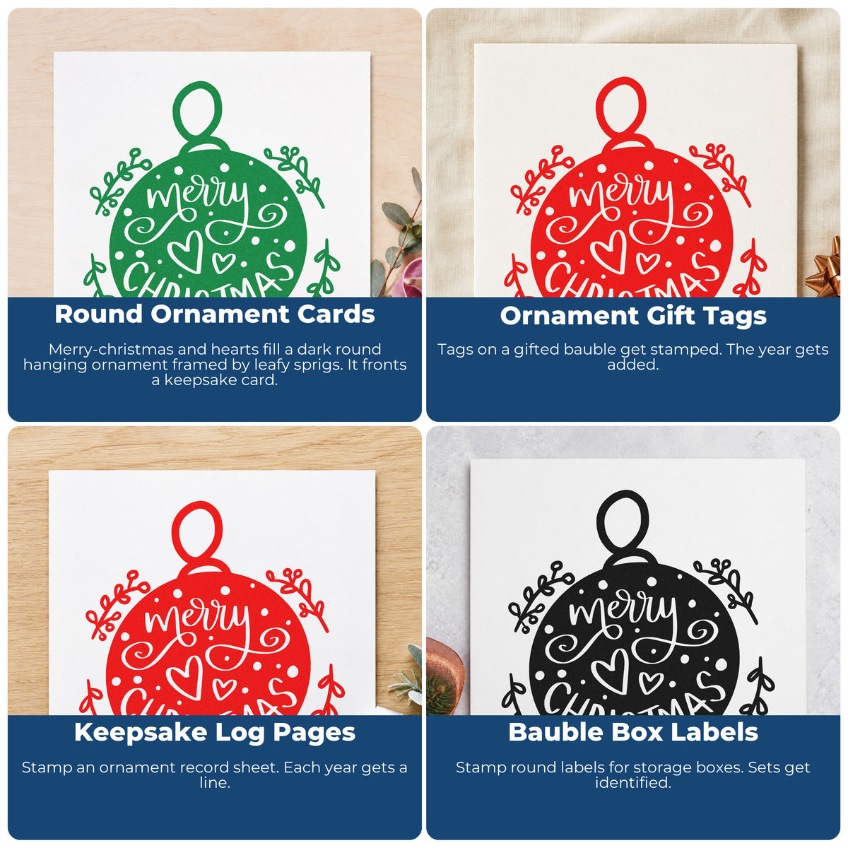Four ways to use the Merry Christmas Round Ornament Botanical Sprig Self-Inking Craft Stamp: round ornament cards, ornament gift tags, keepsake log pages and bauble box labels.