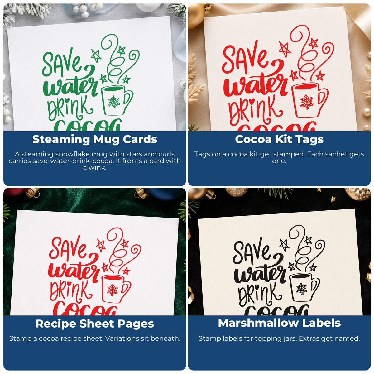 Four ways to use the Save Water Drink Cocoa Snowflakes Stamp - Premium Vintage Pro Wooden: steaming mug cards, cocoa kit tags, recipe sheet pages and marshmallow labels.