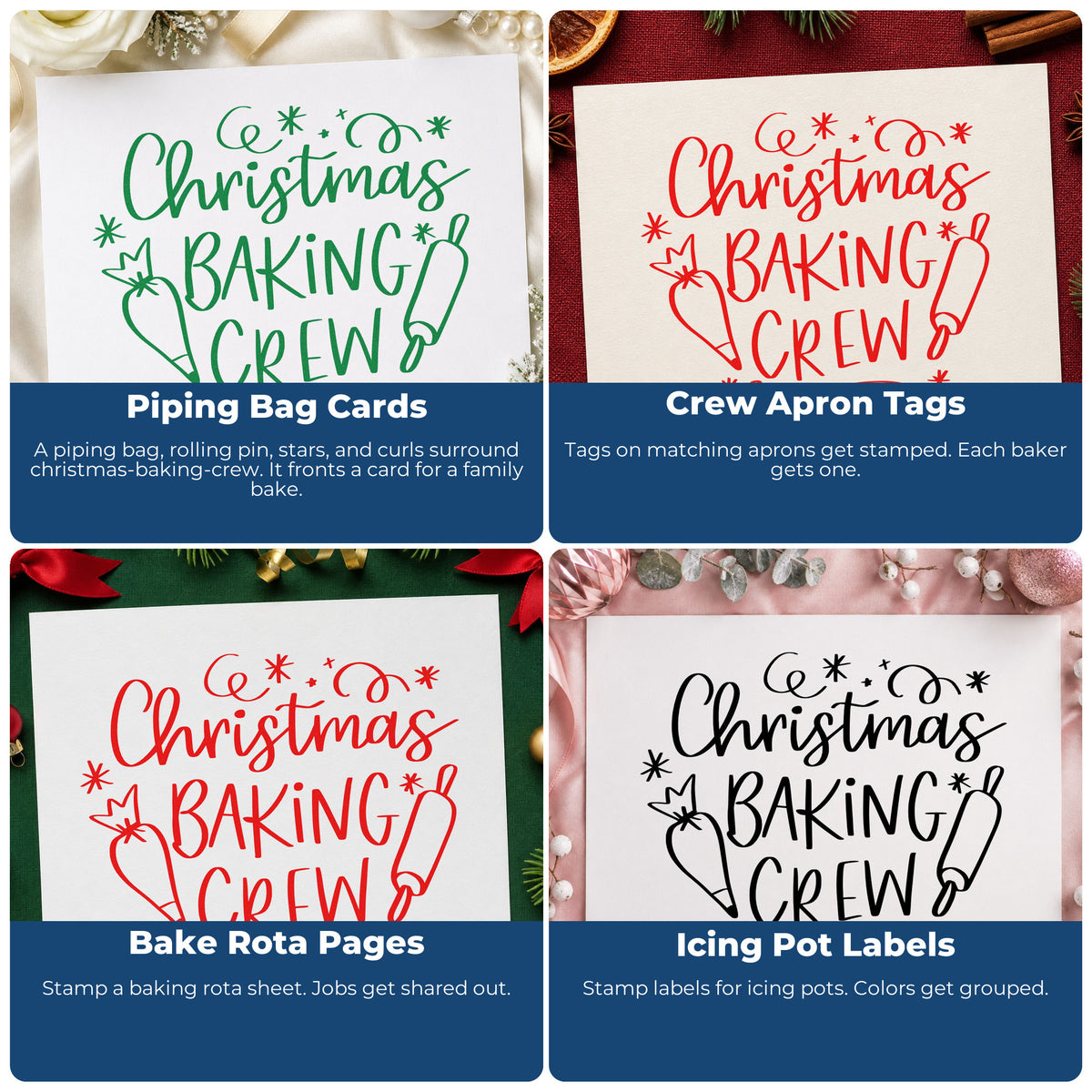 Four ways to use the Wood Handle Christmas Baking Crew Rubber Stamp: piping bag cards, crew apron tags, bake rota pages and icing pot labels.