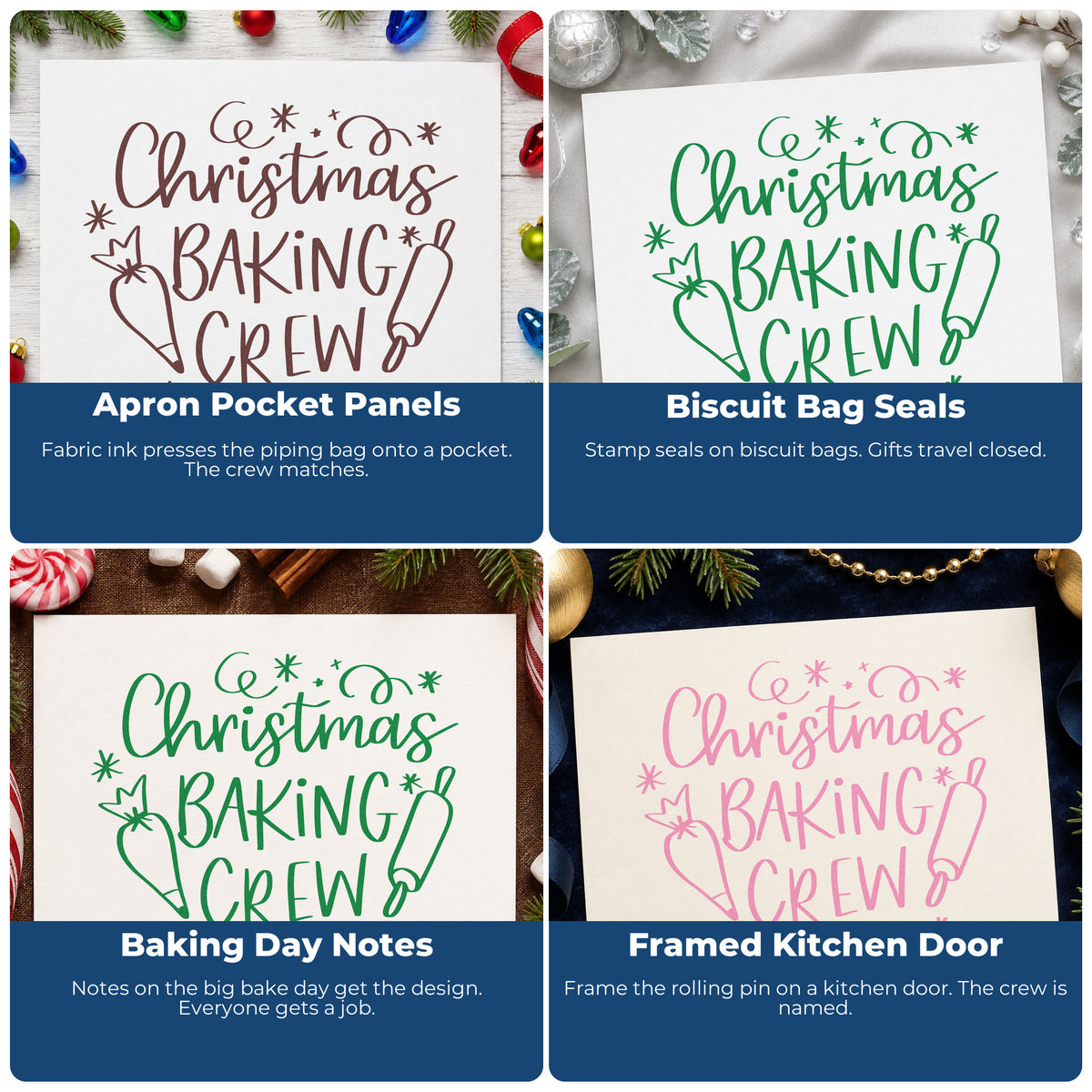 Four ways to use the Wood Handle Christmas Baking Crew Rubber Stamp: apron pocket panels, biscuit bag seals, baking day notes and framed kitchen door.