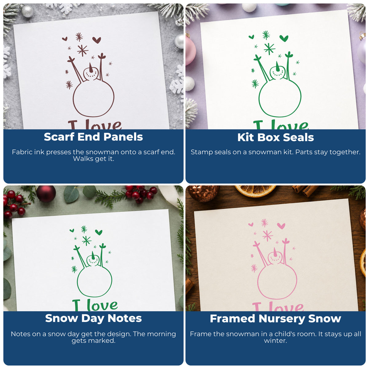Four ways to use the I Love Snow Snowman Stamp – Slim Pre-Inked: scarf end panels, kit box seals, snow day notes and framed nursery snow.