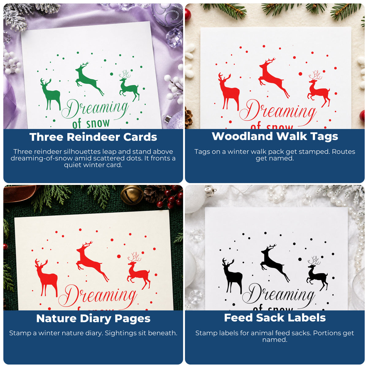 Four ways to use the Dreaming Of Snow Reindeer Stamp - Premium Vintage Pro Wooden: three reindeer cards, woodland walk tags, nature diary pages and feed sack labels.
