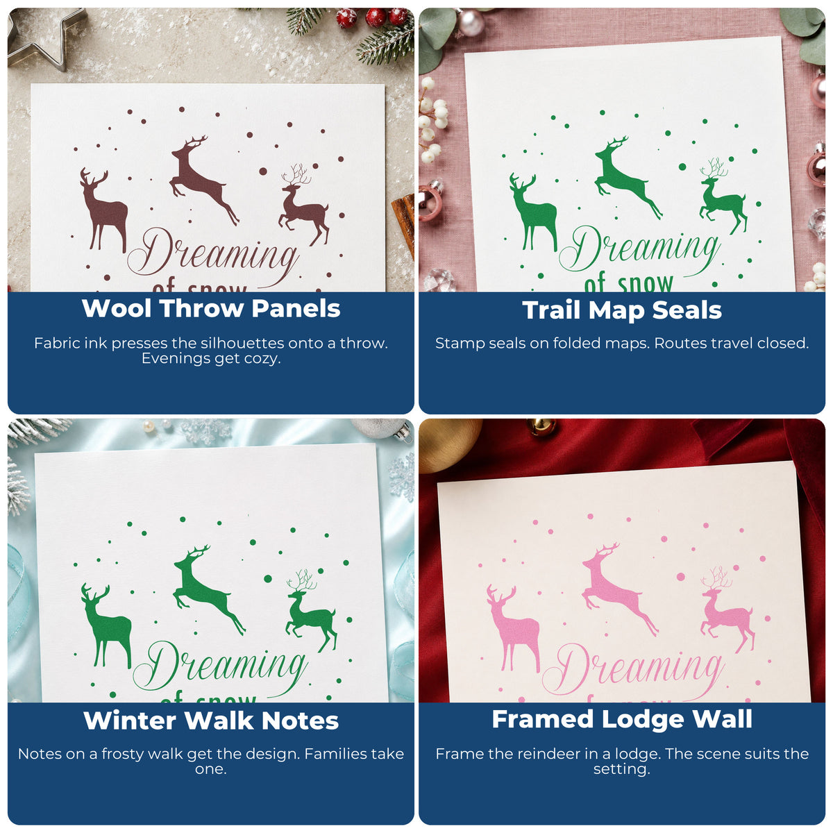 Four ways to use the Dreaming Of Snow Reindeer Stamp - Premium Vintage Pro Wooden: wool throw panels, trail map seals, winter walk notes and framed lodge wall.