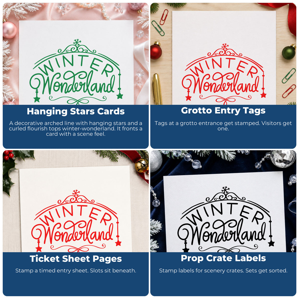 Four ways to use the Winter Wonderland Ornate Arch With Stars Compact Pre-Inked Stamp – Slim: hanging stars cards, grotto entry tags, ticket sheet pages and prop crate labels.