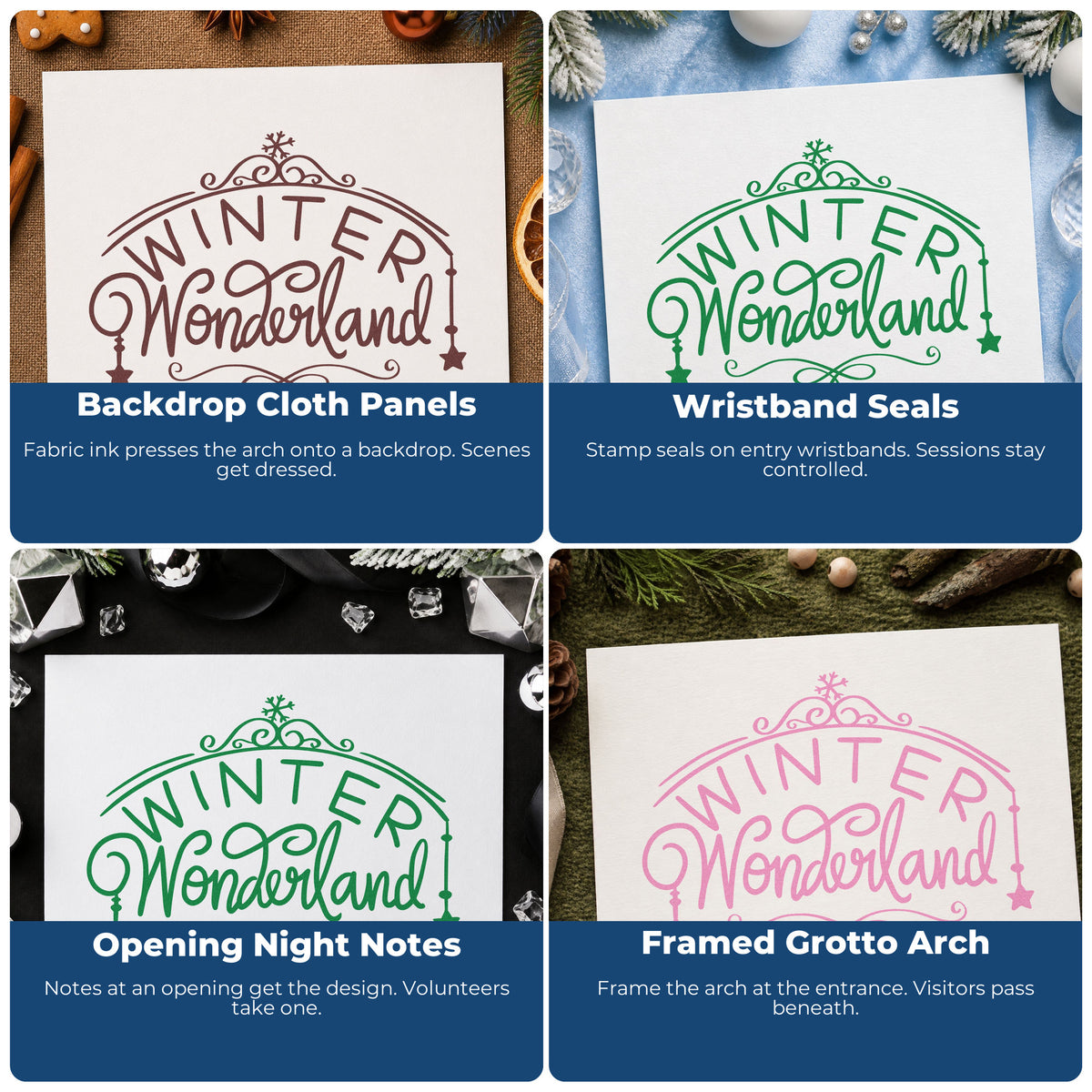 Four ways to use the Premium Wooden Winter Wonderland Ornate Arch With Stars Stamp - Vintage Pro: backdrop cloth panels, wristband seals, opening night notes and framed grotto arch.
