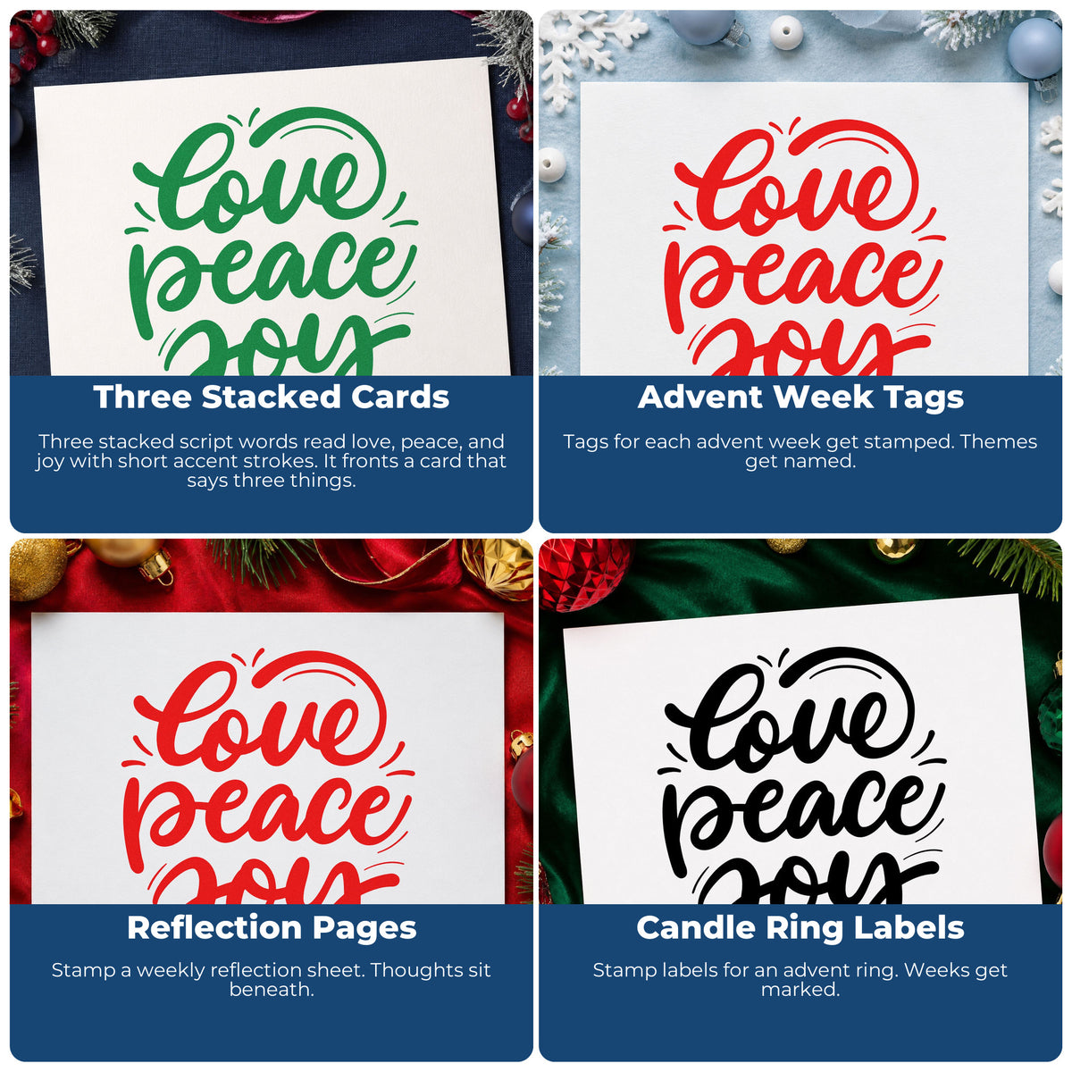Four ways to use the Love Peace Joy Script Slim Pre-Inked Stamp: three stacked cards, advent week tags, reflection pages and candle ring labels.
