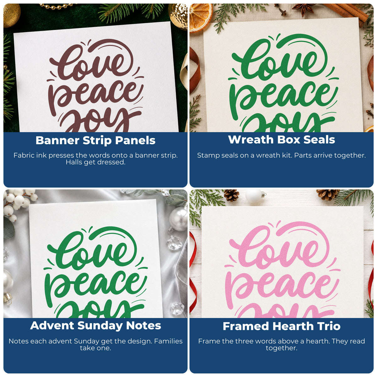 Four ways to use the Love Peace Joy Script Rubber Stamp – Wood Handle: banner strip panels, wreath box seals, advent sunday notes and framed hearth trio.
