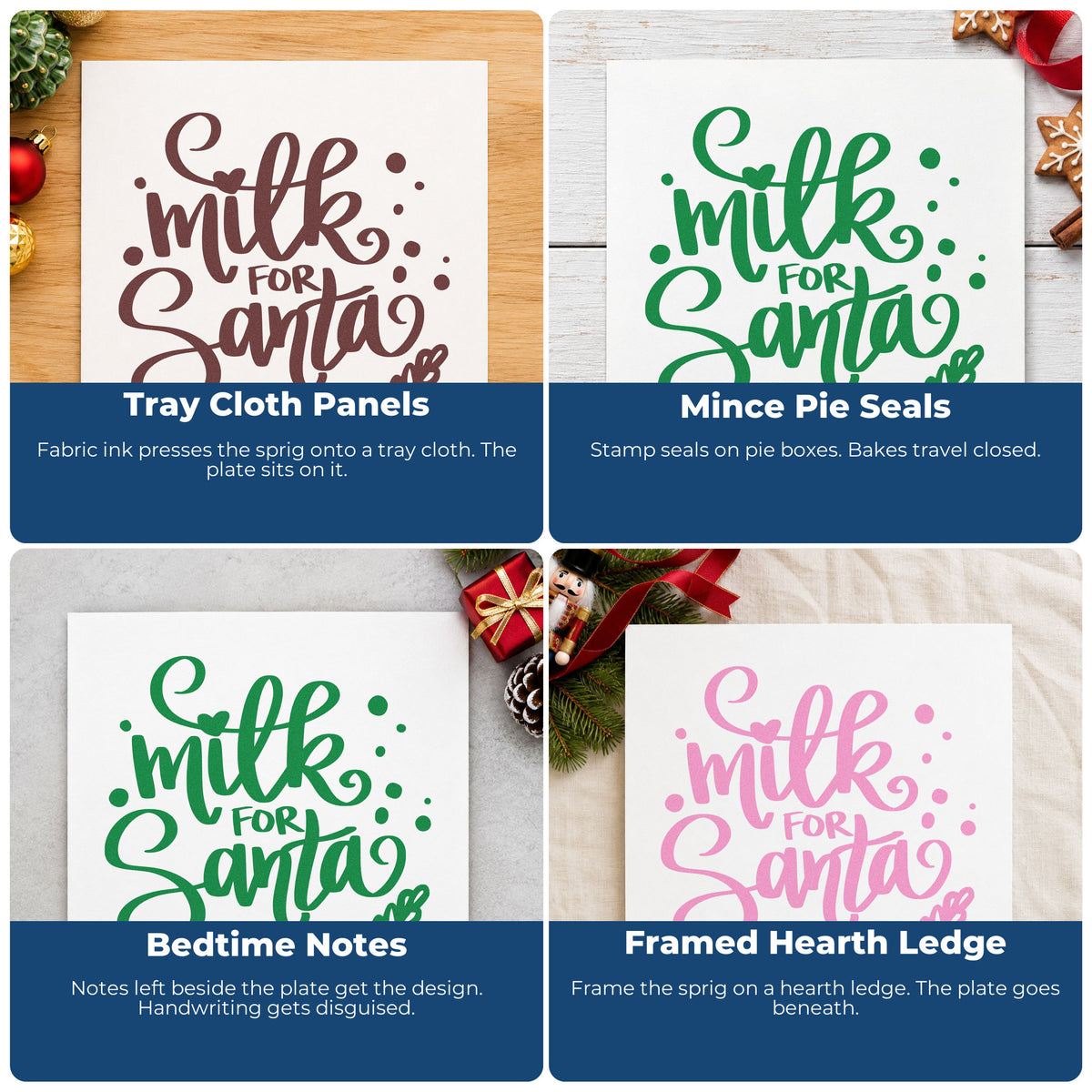 Four ways to use the Milk For Santa PSI Pre-Inked Stamp: tray cloth panels, mince pie seals, bedtime notes and framed hearth ledge.