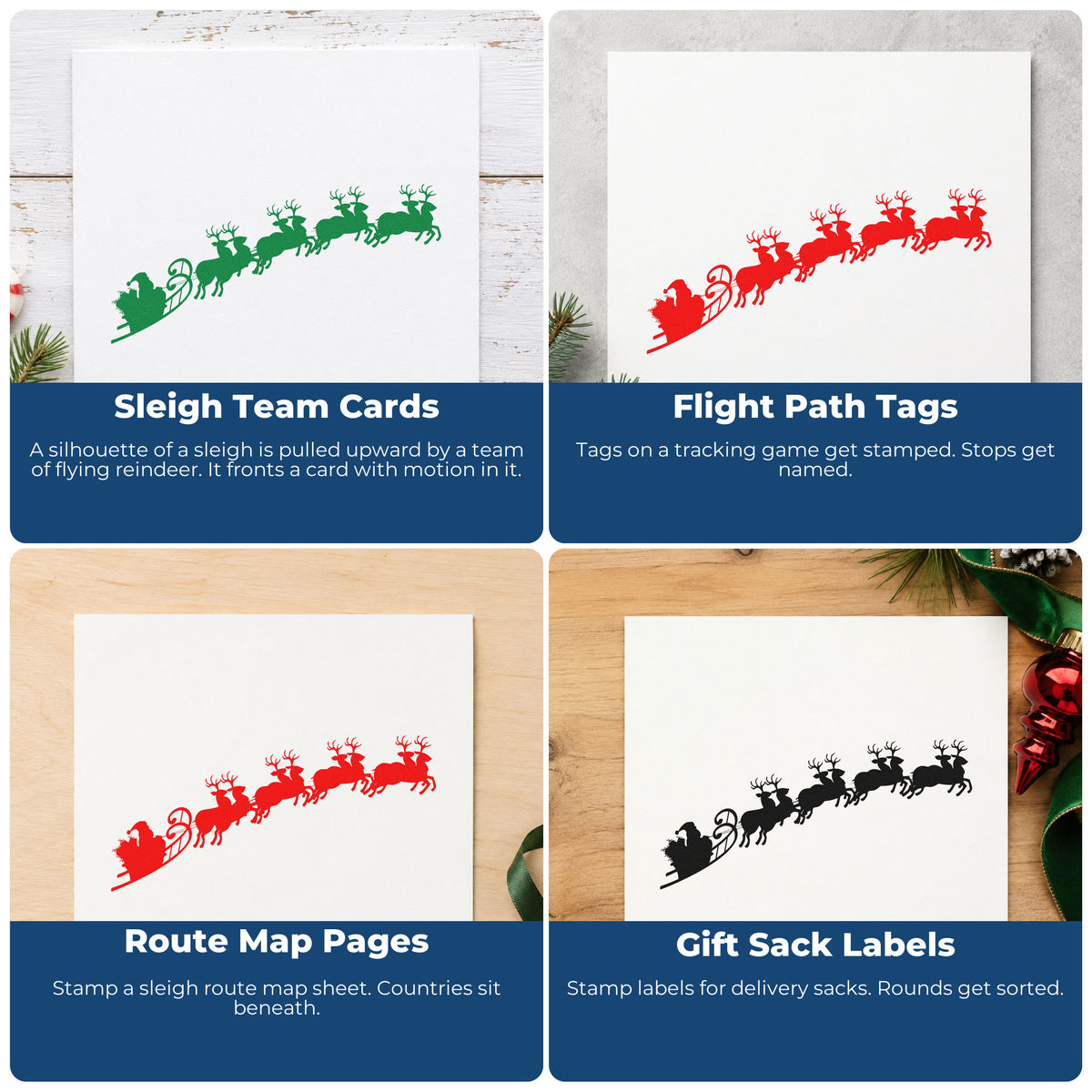 Four ways to use the Santa Sleigh And Reindeer Premium Wooden Stamp - Vintage Pro: sleigh team cards, flight path tags, route map pages and gift sack labels.
