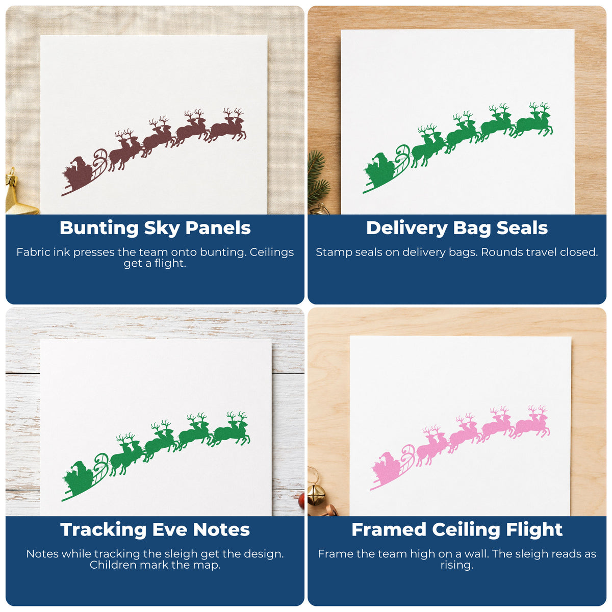 Four ways to use the Santa Sleigh And Reindeer Rubber Stamp – Wood Handle: bunting sky panels, delivery bag seals, tracking eve notes and framed ceiling flight.