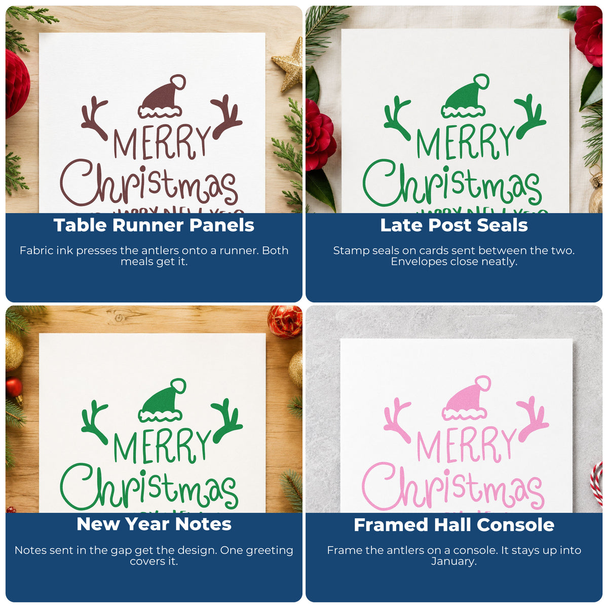 Four ways to use the Merry Christmas And Happy New Year Stamp – Self-Inking: table runner panels, late post seals, new year notes and framed hall console.
