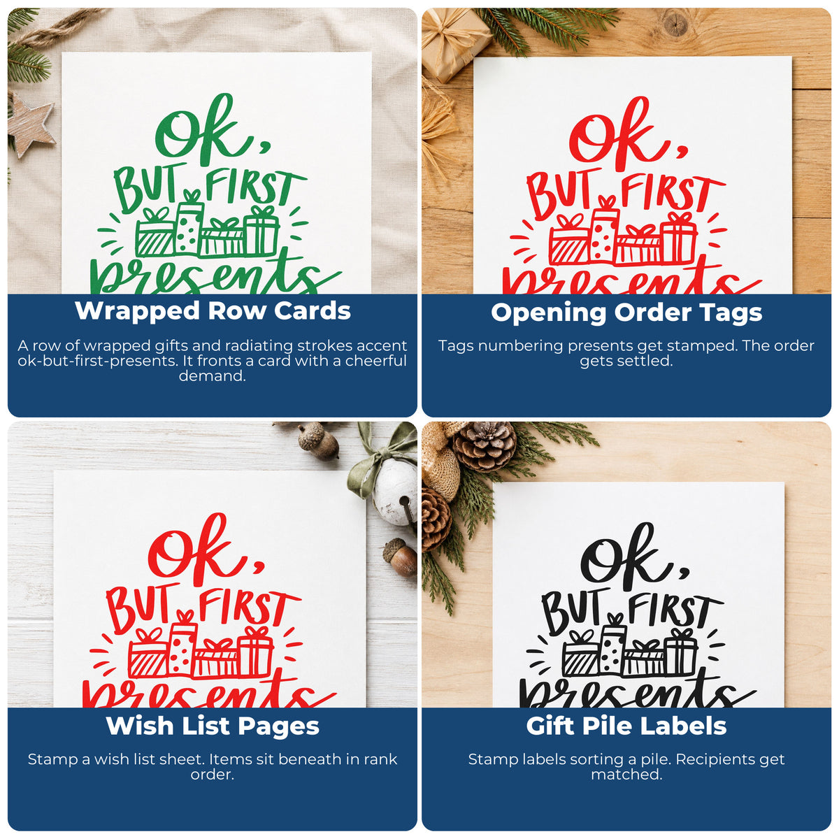 Four ways to use the OK But First Presents Gift Box Self-Inking Stamp: wrapped row cards, opening order tags, wish list pages and gift pile labels.