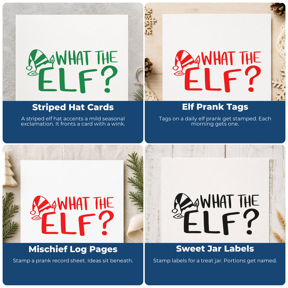 Four ways to use the Premium Wooden What The Elf? Hat Stamp - Vintage Pro: striped hat cards, elf prank tags, mischief log pages and sweet jar labels.