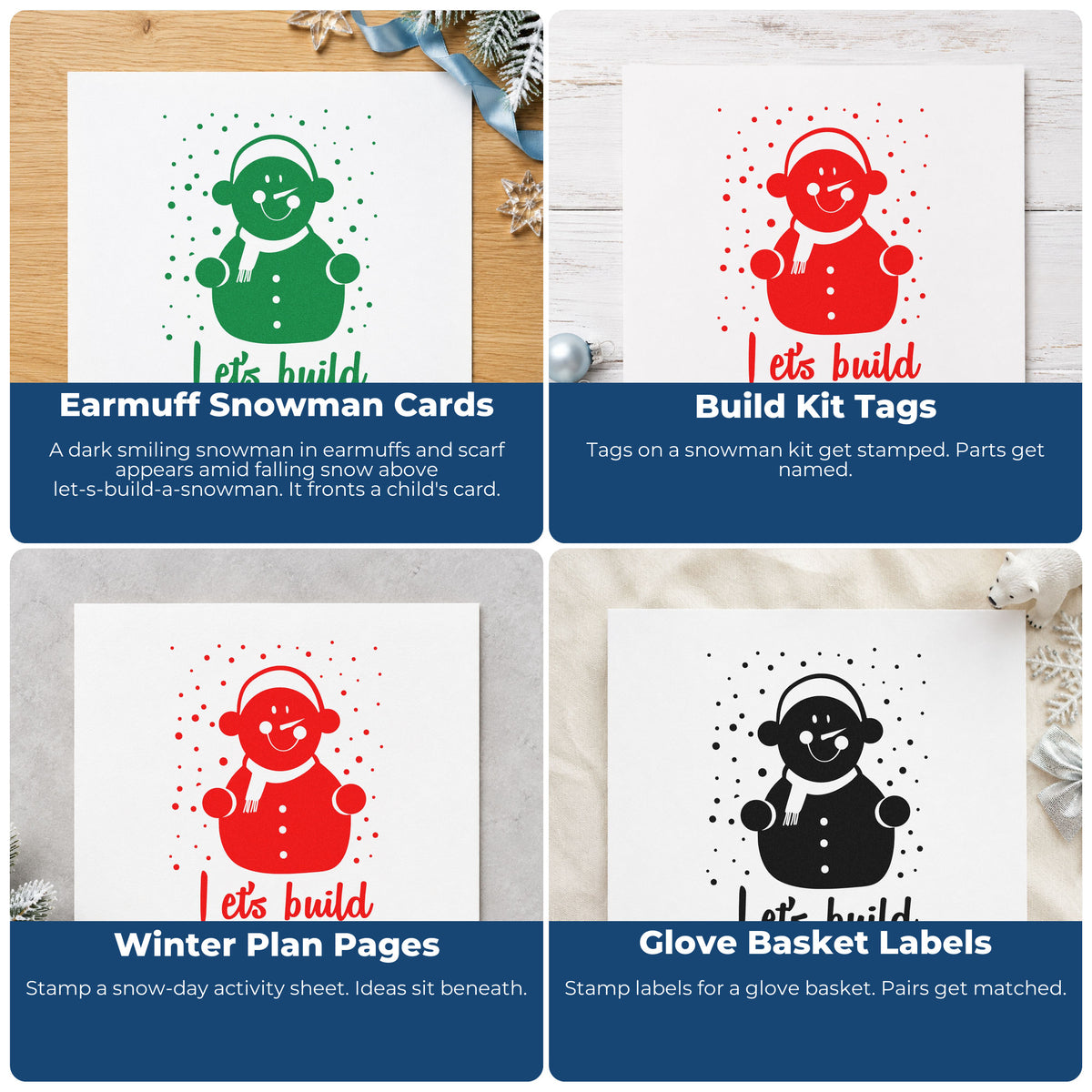Four ways to use the Let's Build A Snowman Compact Pre-Inked Stamp – Slim: earmuff snowman cards, build kit tags, winter plan pages and glove basket labels.