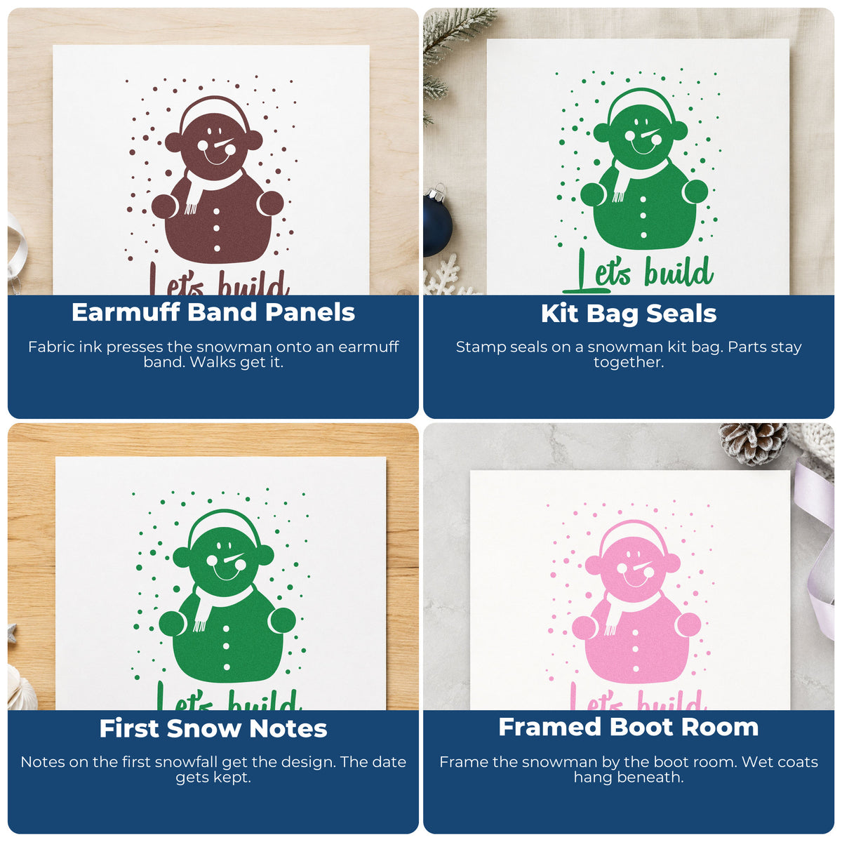 Four ways to use the Let's Build A Snowman Compact Pre-Inked Stamp – Slim: earmuff band panels, kit bag seals, first snow notes and framed boot room.