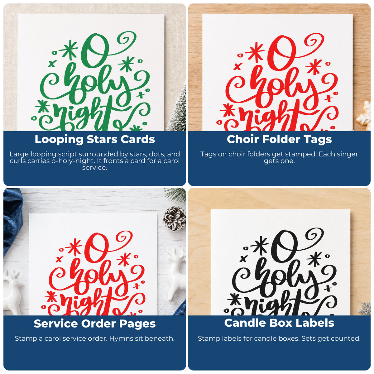 Four ways to use the O Holy Night Flourishes Duo Hand Stamp: looping stars cards, choir folder tags, service order pages and candle box labels.