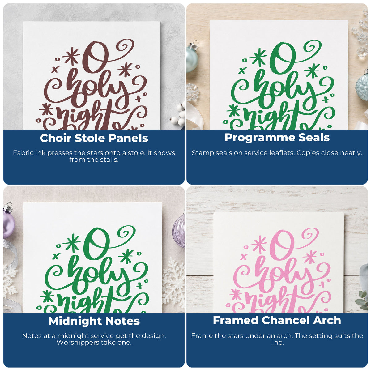 Four ways to use the PSI Pre-Inked O Holy Night Flourishes Stamp: choir stole panels, programme seals, midnight notes and framed chancel arch.