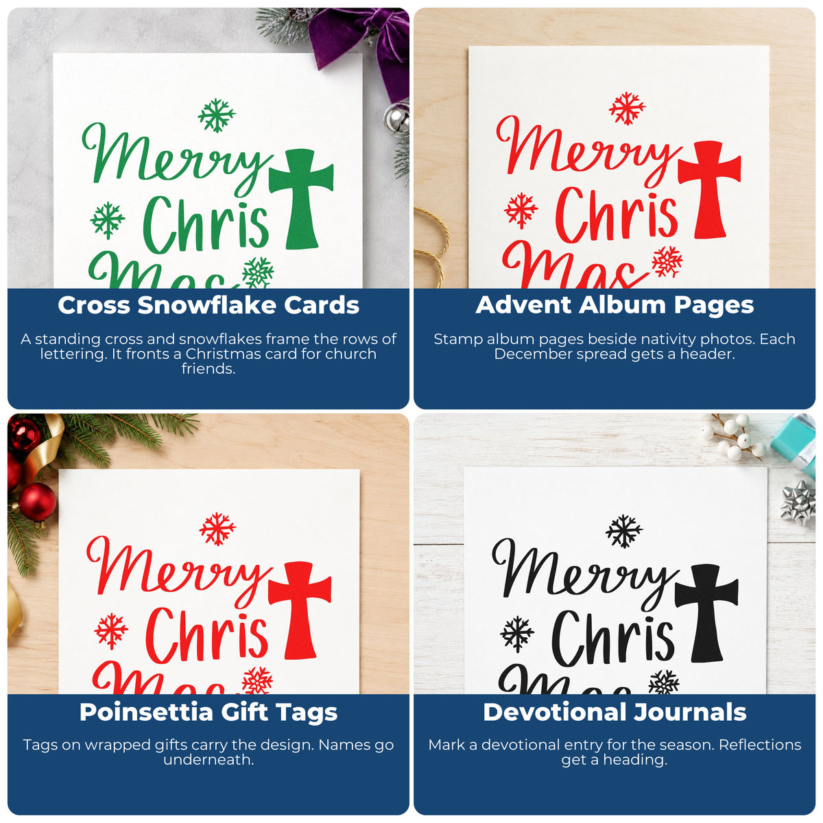 Four ways to use the Merry Christmas Cross PSI Pre-Inked Stamp: cross snowflake cards, advent album pages, poinsettia gift tags and devotional journals.
