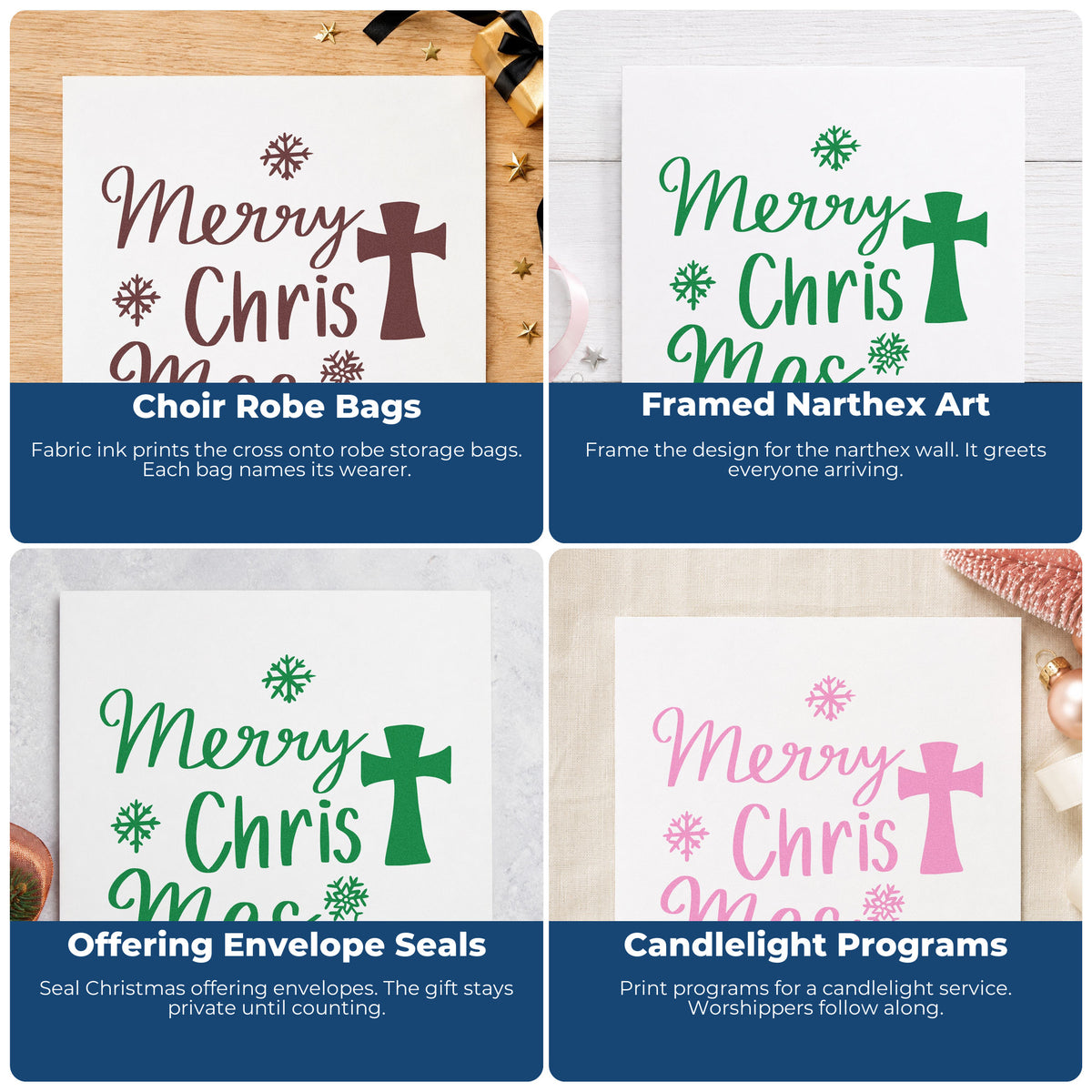 Four ways to use the Merry Christmas Cross Pre-Inked Stamp – Slim: choir robe bags, framed narthex art, offering envelope seals and candlelight programs.