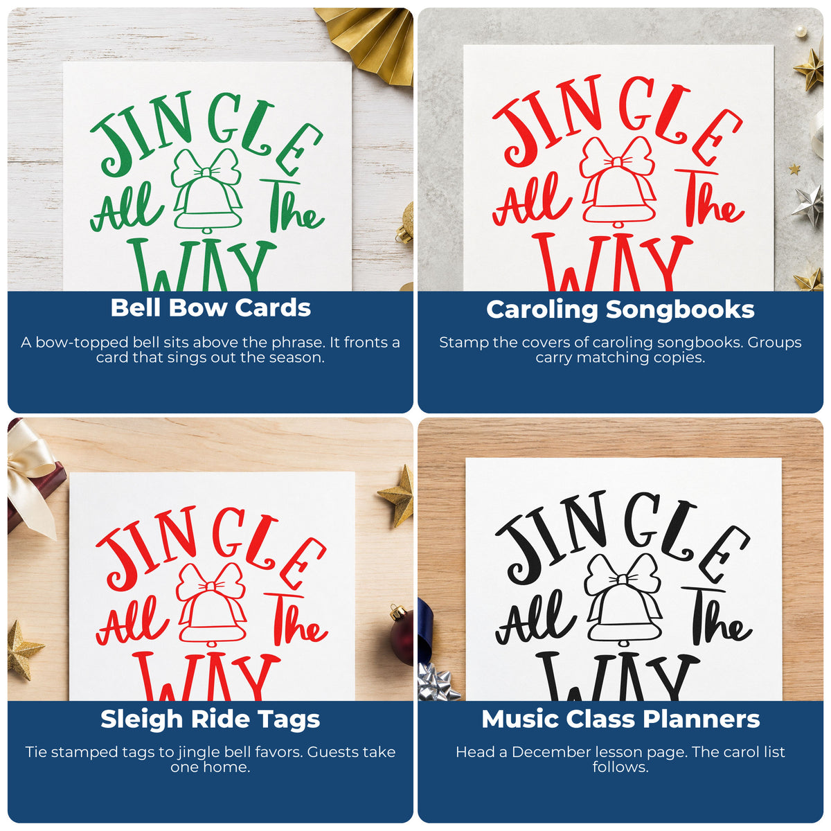 Four ways to use the Jingle All The Way Bell Bow Accent Rubber Stamp – Wood Handle: bell bow cards, caroling songbooks, sleigh ride tags and music class planners.