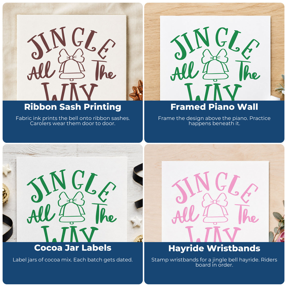 Four ways to use the Jingle All The Way Bell Bow Accent Rubber Stamp – Wood Handle: ribbon sash printing, framed piano wall, cocoa jar labels and hayride wristbands.