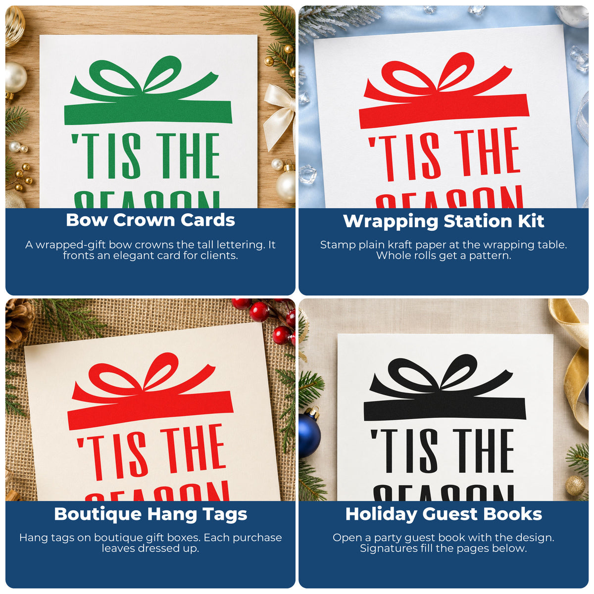 Four ways to use the Tis The Season Gift Stamp – Self-Inking: bow crown cards, wrapping station kit, boutique hang tags and holiday guest books.