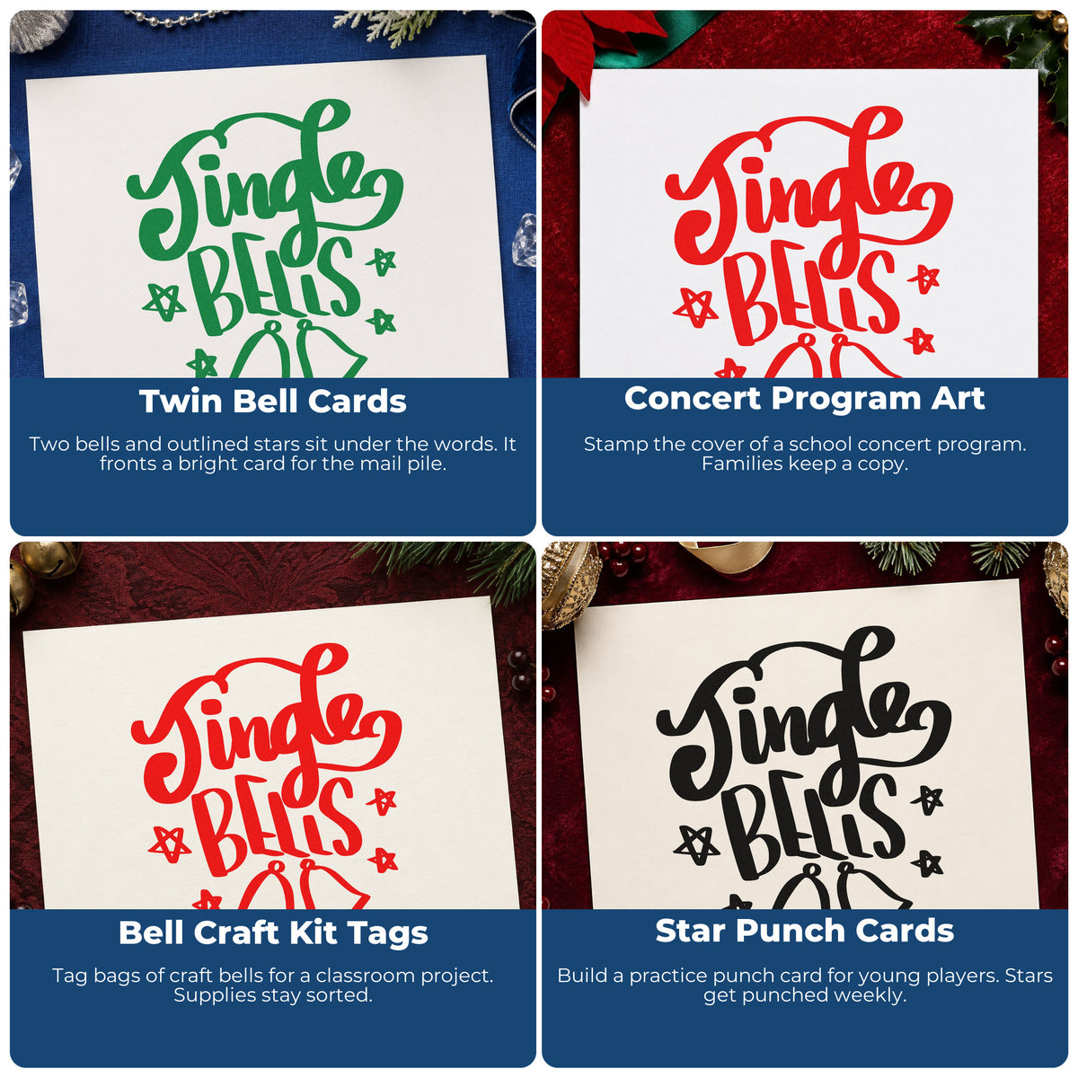 Four ways to use the Jingle Bells Wood Handle Stamp: twin bell cards, concert program art, bell craft kit tags and star punch cards.