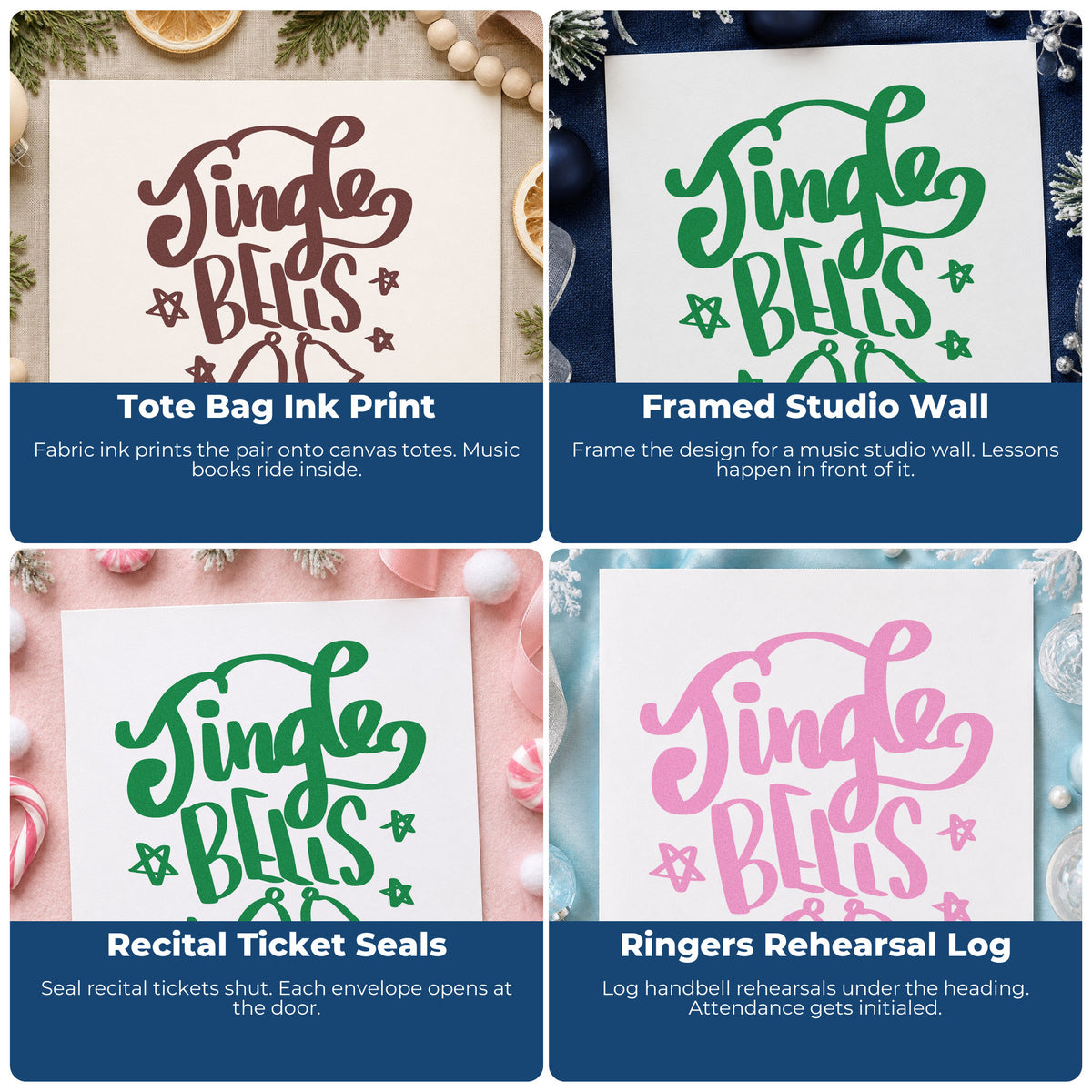 Four ways to use the Jingle Bells Wood Handle Stamp: tote bag ink print, framed studio wall, recital ticket seals and ringers rehearsal log.