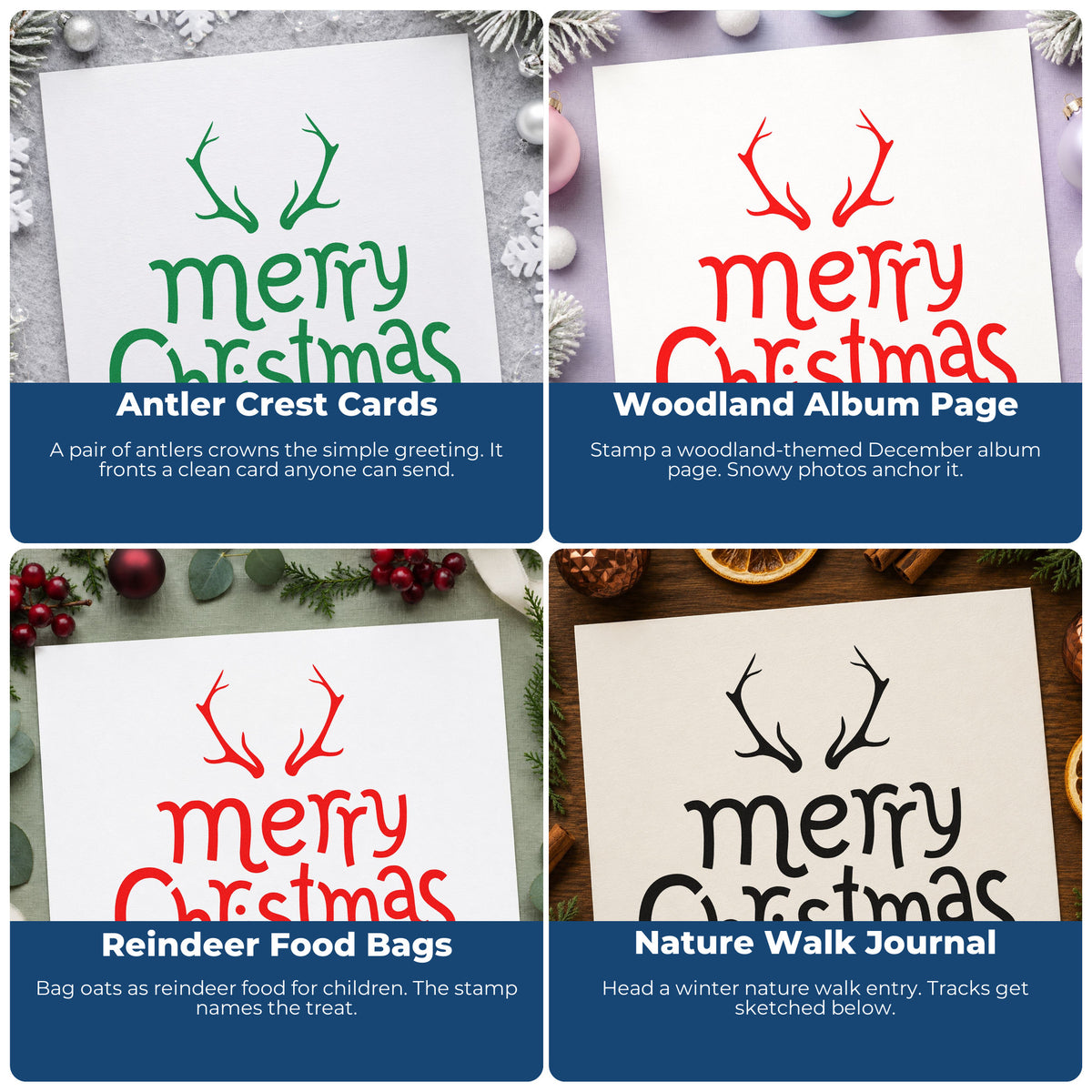 Four ways to use the Merry Christmas Antlers Craft Stamp – Self-Inking: antler crest cards, woodland album page, reindeer food bags and nature walk journal.