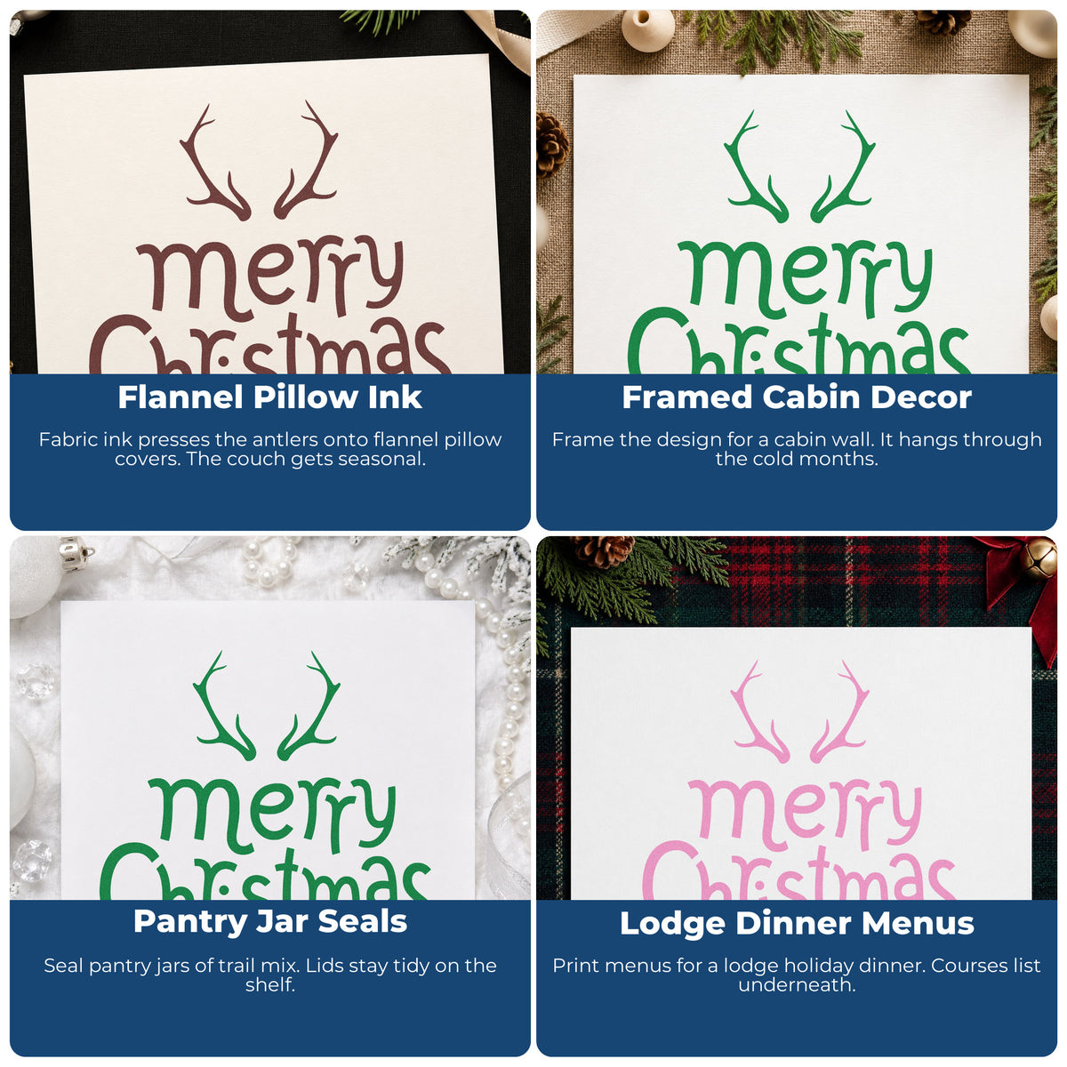 Four ways to use the Merry Christmas Antlers Craft Stamp – Self-Inking: flannel pillow ink, framed cabin decor, pantry jar seals and lodge dinner menus.