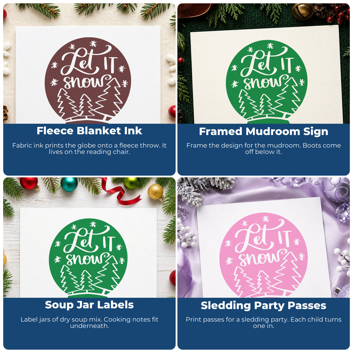 Four ways to use the Let It Snow With Trees And Snowflakes Premium Wooden Stamp - Vintage Pro: fleece blanket ink, framed mudroom sign, soup jar labels and sledding party passes.