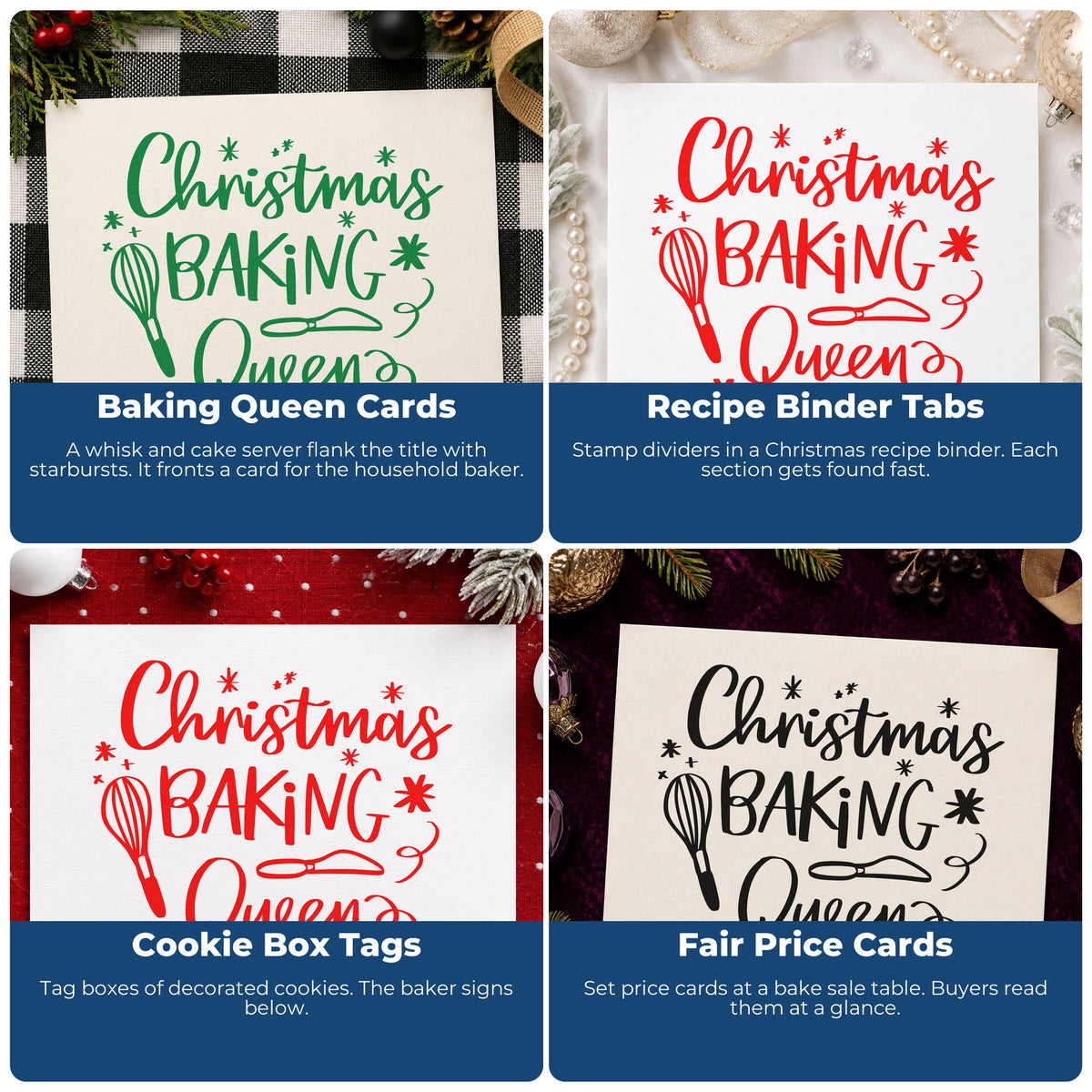 Four ways to use the Whisk And Cake Server Christmas Baking Queen Slim Pre-Inked Stamp: baking queen cards, recipe binder tabs, cookie box tags and fair price cards.