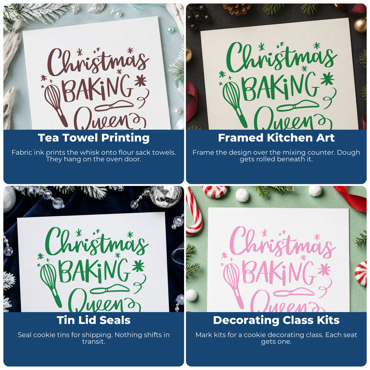 Four ways to use the Whisk And Cake Server Christmas Baking Queen Slim Pre-Inked Stamp: tea towel printing, framed kitchen art, tin lid seals and decorating class kits.