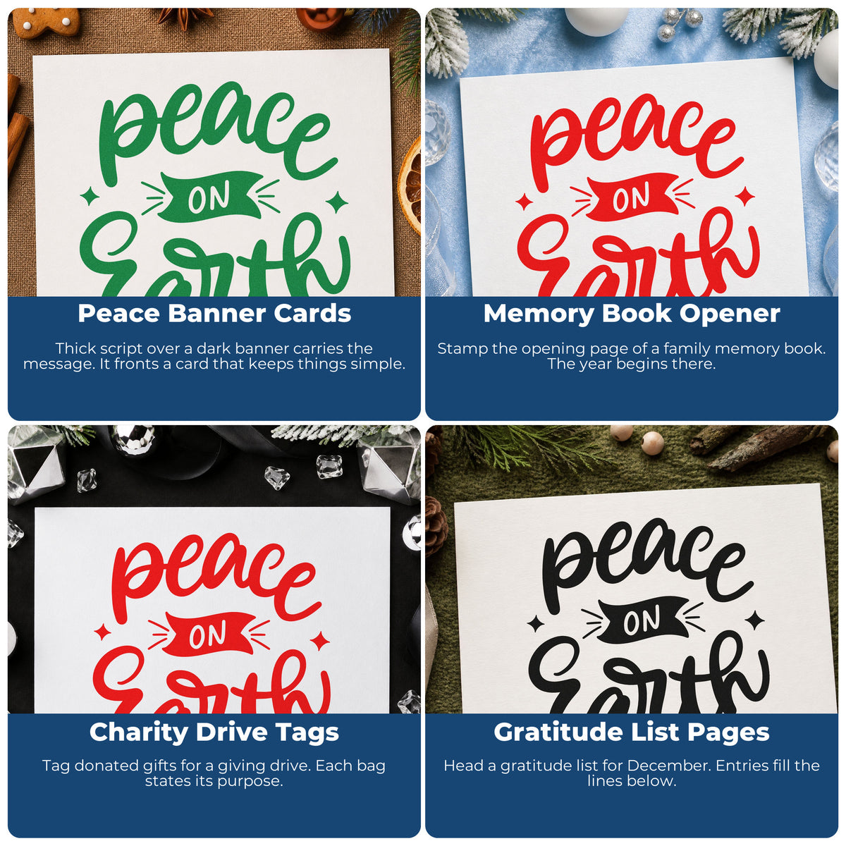 Four ways to use the Peace On Earth Rubber Stamp – Duo Hand: peace banner cards, memory book opener, charity drive tags and gratitude list pages.